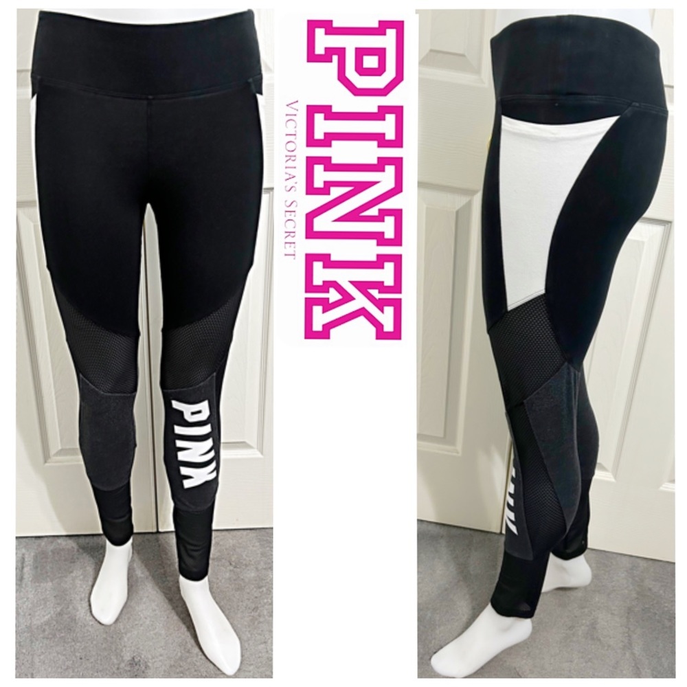 Pink Victoria’s Secret Yoga, Ankle Fit Black Leggings With Sheer Mesh Panels